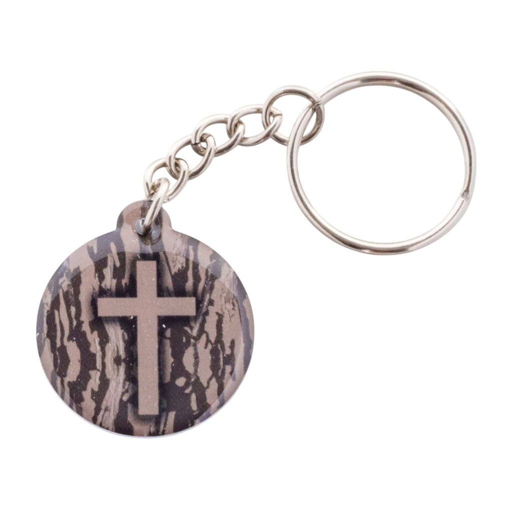 Tap To Pray® Acrylic Keychain: Tree Bark Camo + Cross