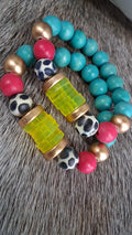 Aqua Fuchsia Black White Neon Yellow Disk Beaded Bracelet