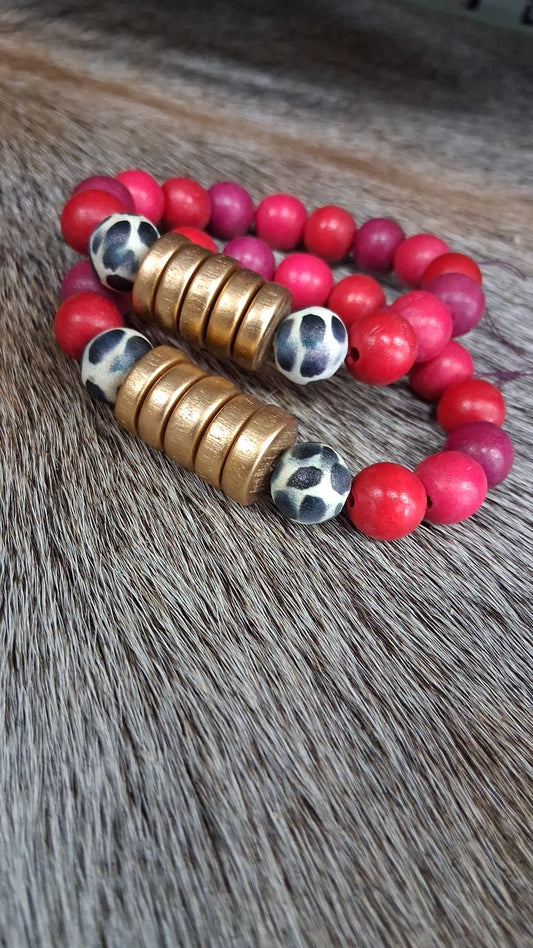 Fuchsia Red Black White Gold Disk Beaded Stacking Bracelet
