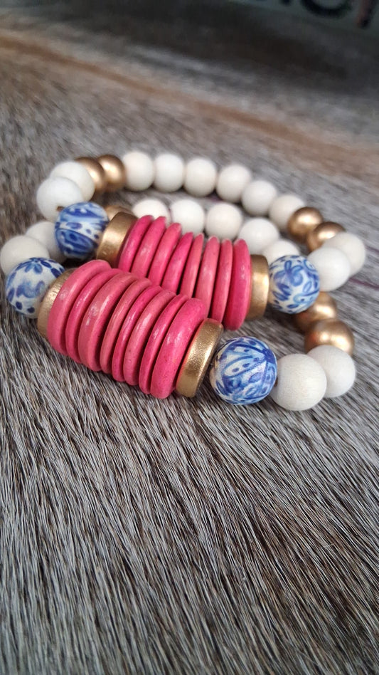 Limited Edition Audra Style™ Beaded Stacking Bracelet - Pink Coconut Blue White