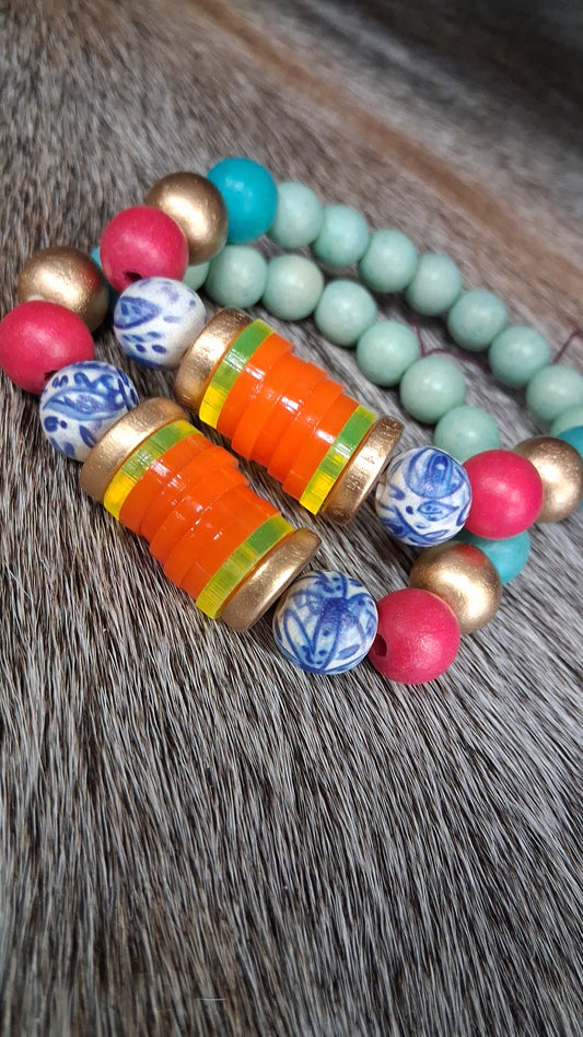 Lime Blue White Pink Orange Disk Beaded Bracelet