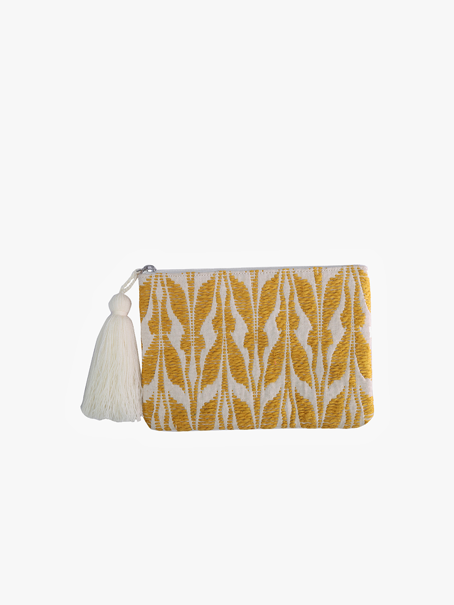 Faith Printed Cotton Pouch w/ Fringe: Yellow