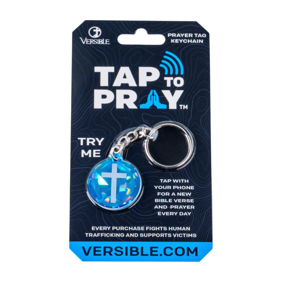 Tap To Pray® Acrylic Keychain: Blue Crystal + Cross