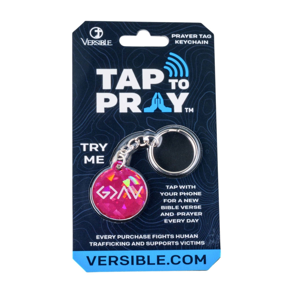 Tap To Pray® Acrylic Keychain: Pink Crystal + God Is Greater