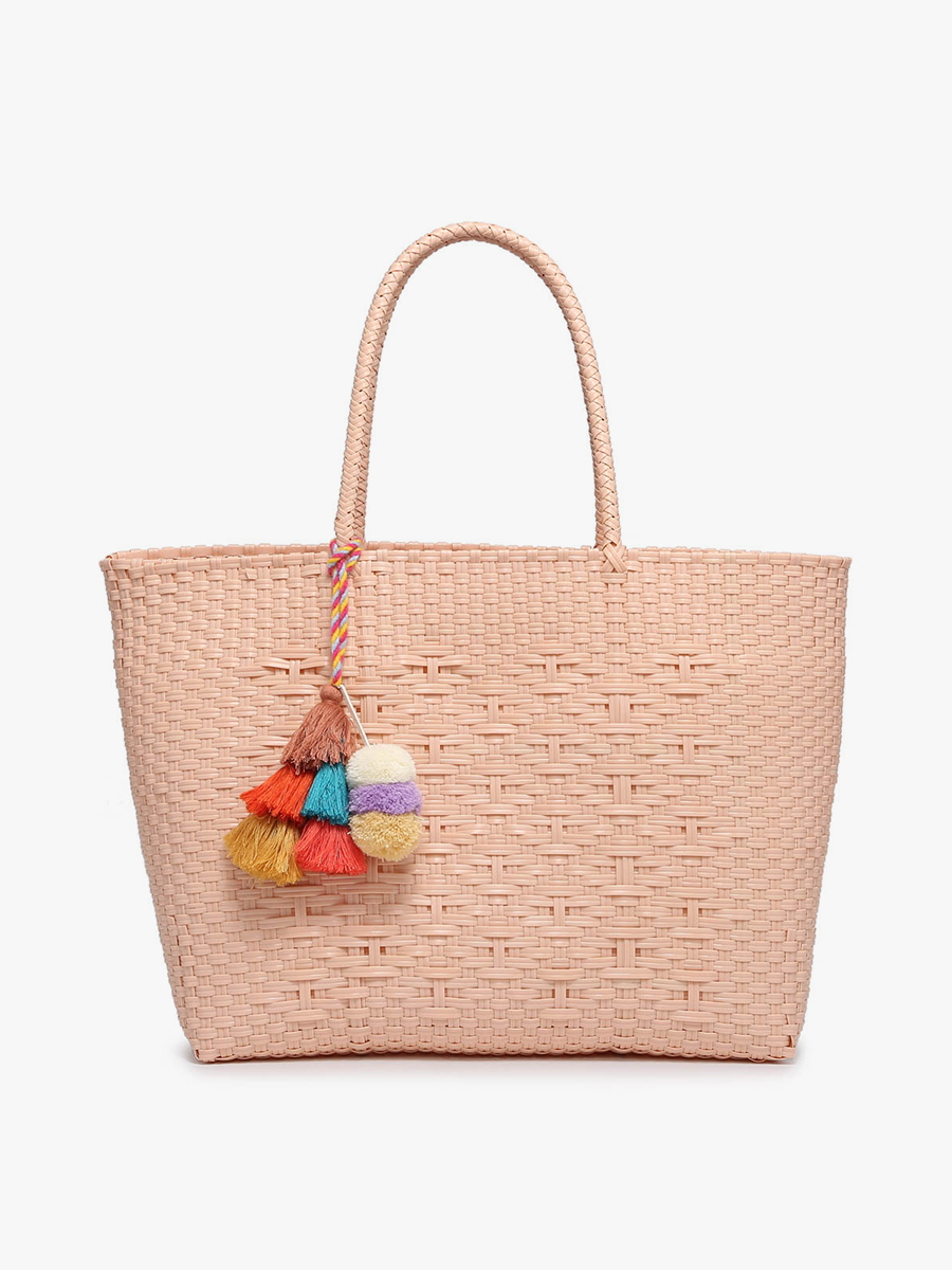Shelby Large Handwoven Tote w/ Pom-Poms: Diamond-Dark Pink