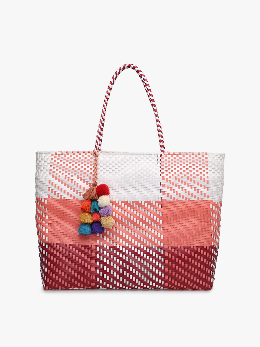 Allie XL Woven Tote w/ Pom-Poms: Plaid-Pink/White