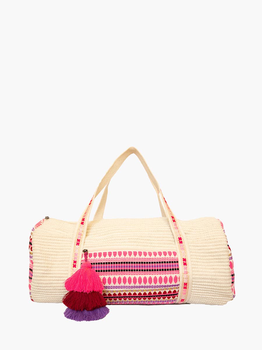 Anastasia Patterned Cotton Weekender w/ Contrast Strap: Beige/Pink