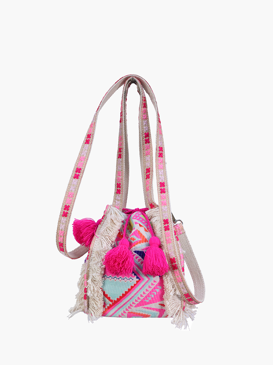 Imogene Striped Cotton Bucket Bag w/ Tassels: Pink/Yellow
