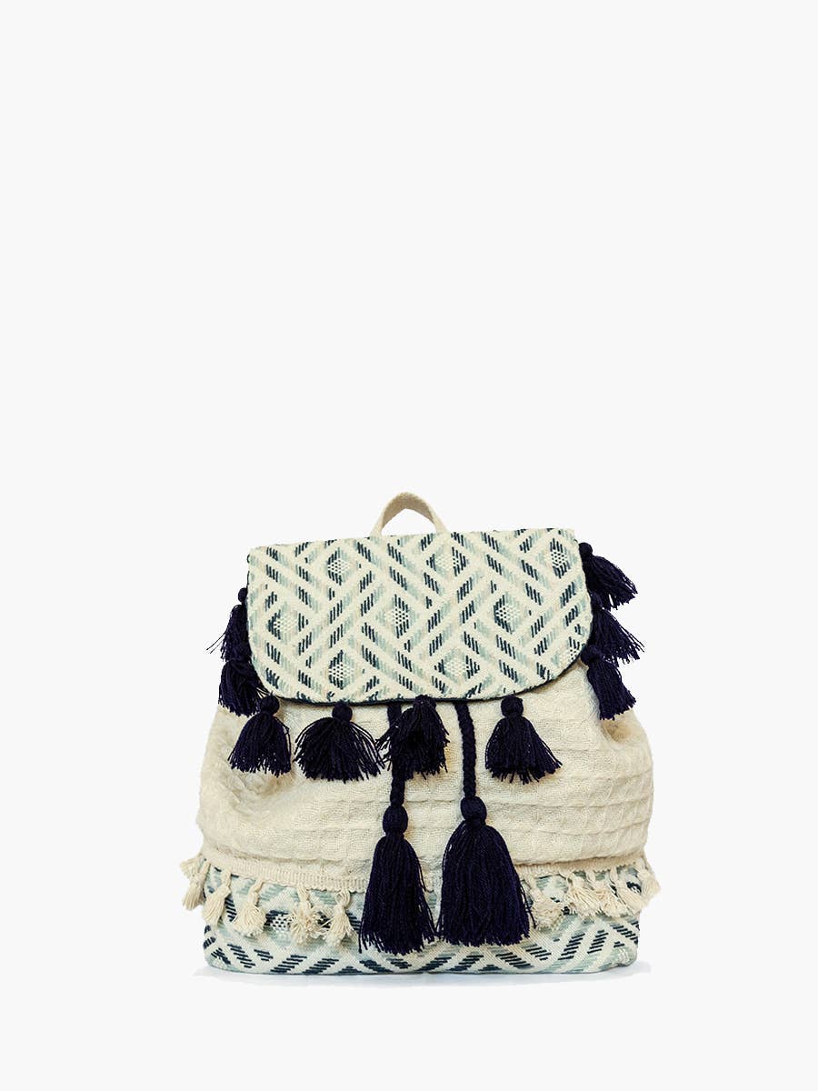 Magdelena Aztec Cotton Backpack w/ Tassels: Blue/White
