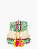 Magdelena Aztec Cotton Backpack w/ Tassels: Beige/Green