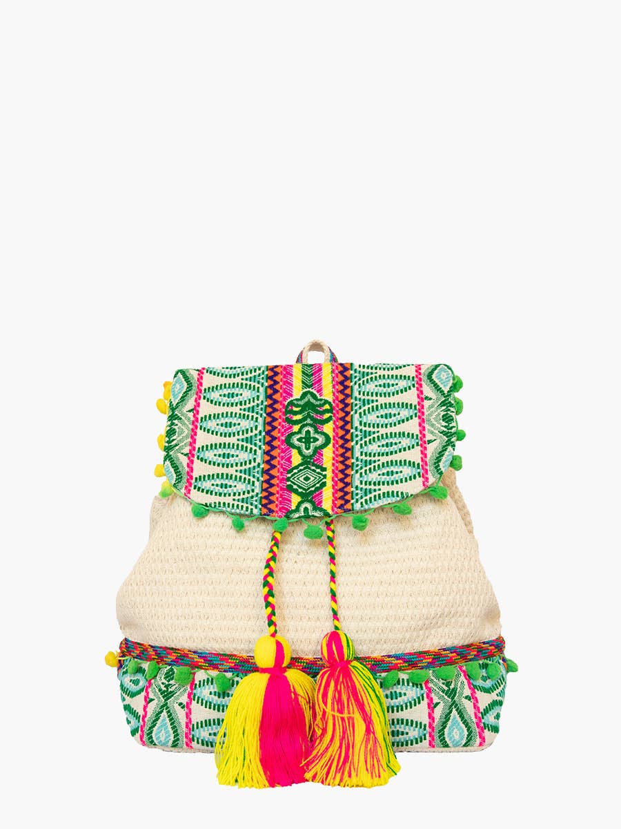 Magdelena Aztec Cotton Backpack w/ Tassels: Beige/Green