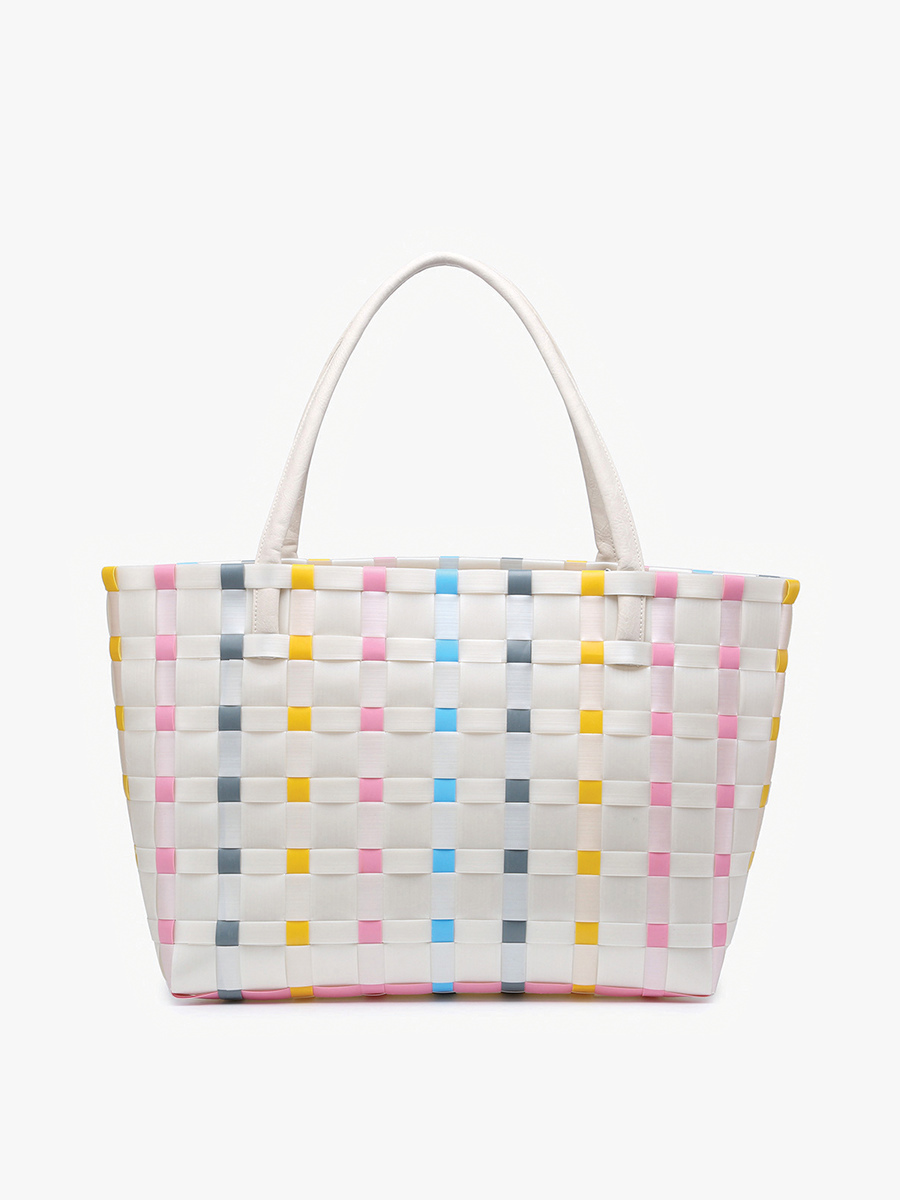 Abigail Basketweave Tote w/Vegan Leather Straps: Multi-Beige