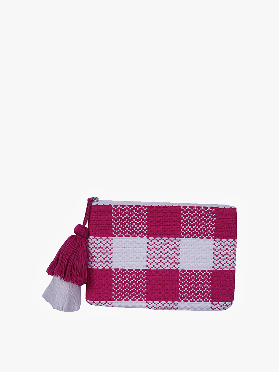 Faith Printed Cotton Pouch w/ Fringe: Plaid-Pink