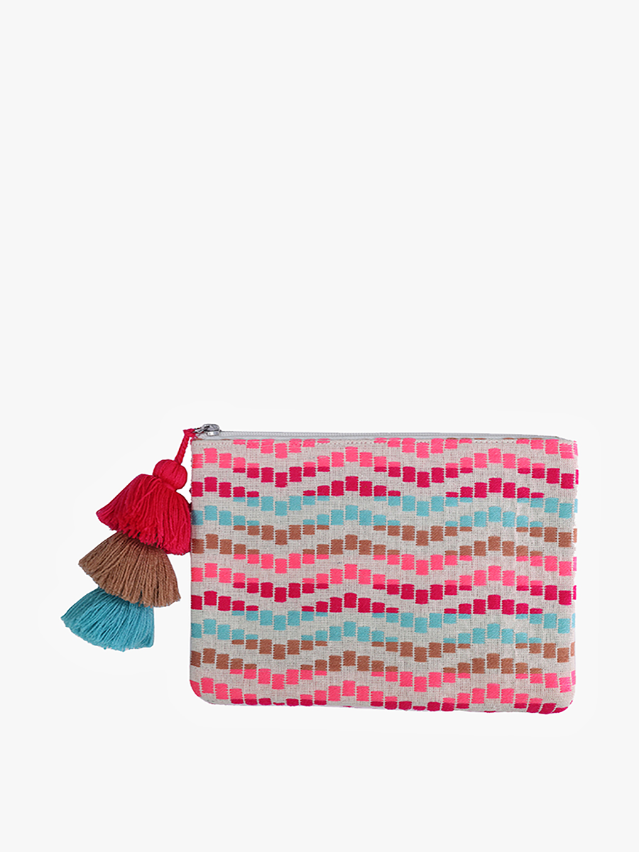 Faith Printed Cotton Pouch w/ Fringe: Turquoise/Pink