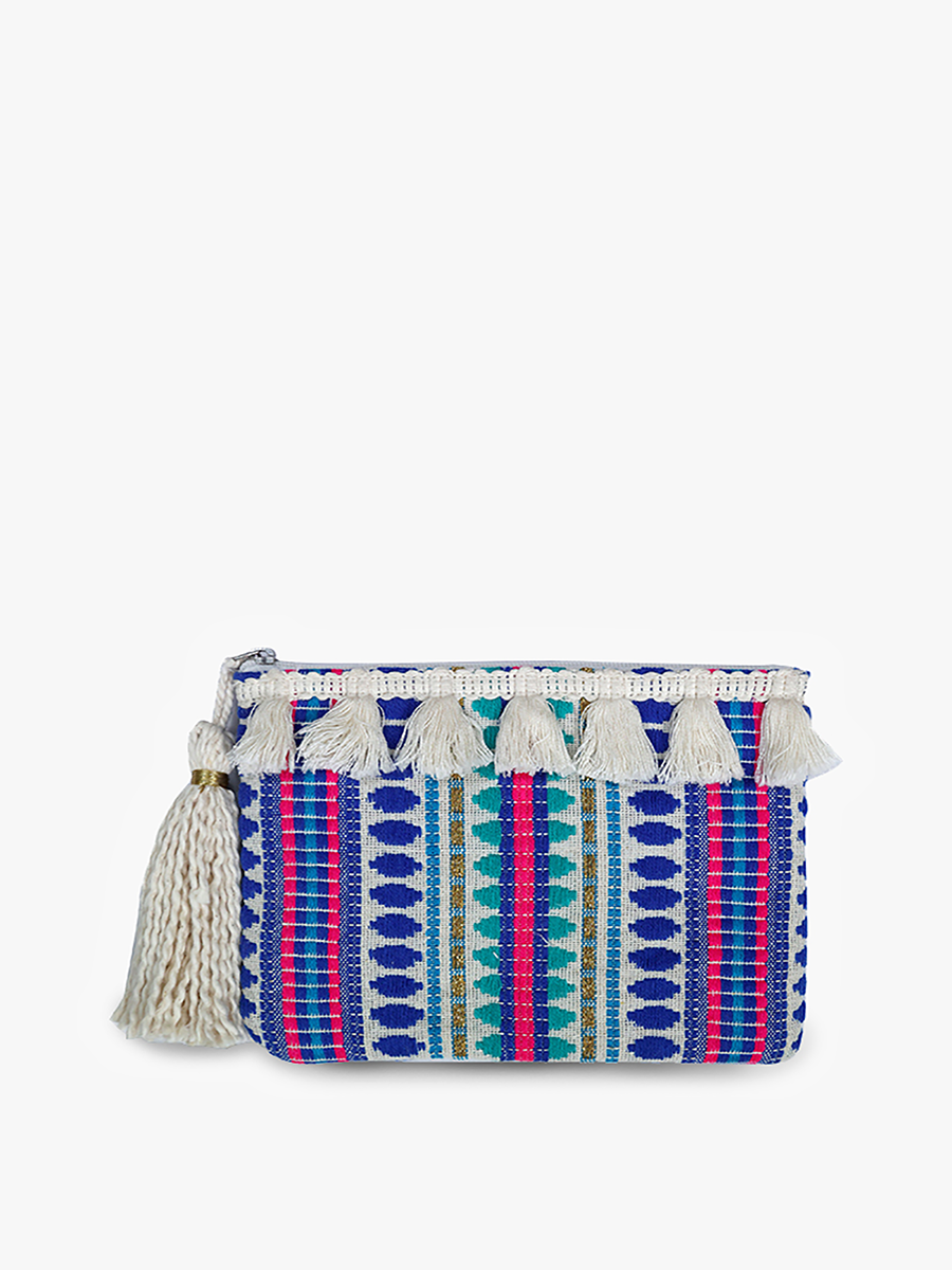 Faith Printed Cotton Pouch w/ Fringe: Blue/Purple