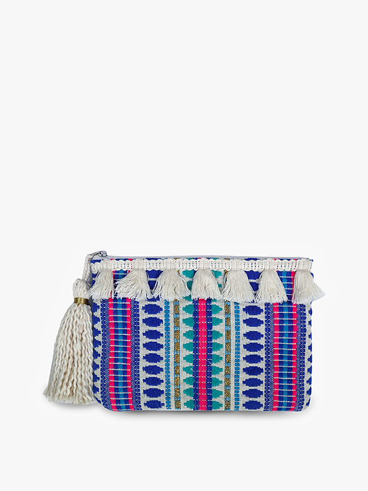 Faith Printed Cotton Pouch w/ Fringe: Blue/Purple