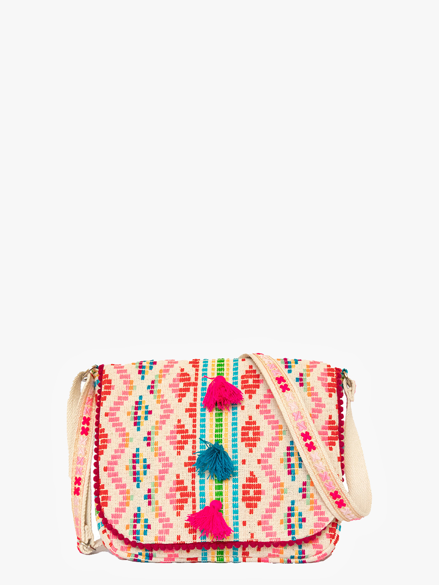 Pia Aztec Cotton Crossbody w/ Fringe: Red/Pink