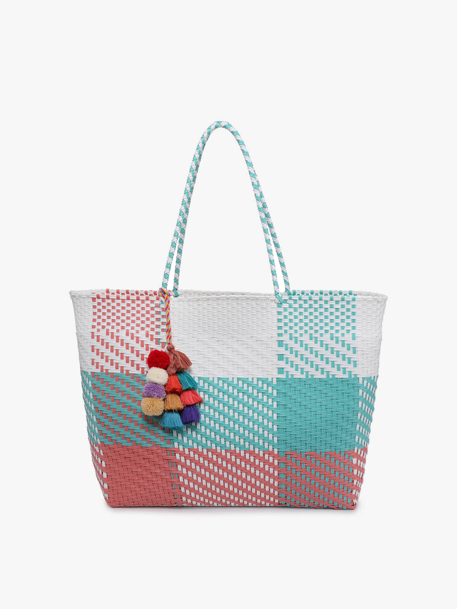 Sylvia Med Handwoven Tote w/ Pom-Poms: Plaid-Turquoise/Pink
