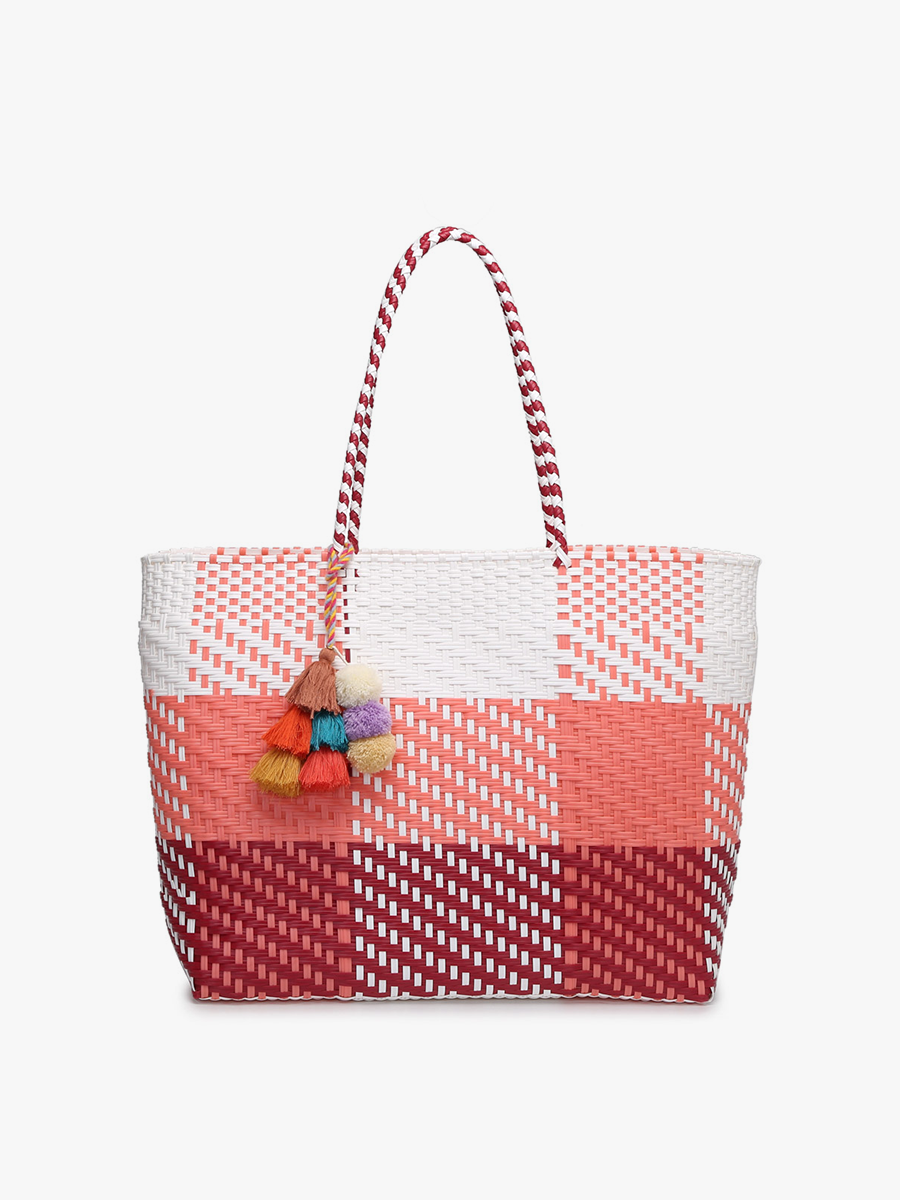 Shelby Large Handwoven Tote w/ Pom-Poms: Plaid-Pink/White