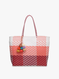 Shelby Large Handwoven Tote w/ Pom-Poms: Plaid-Pink/White