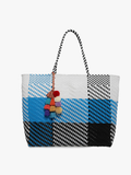 Allie XL Woven Tote w/ Pom-Poms: Plaid-Blue/White