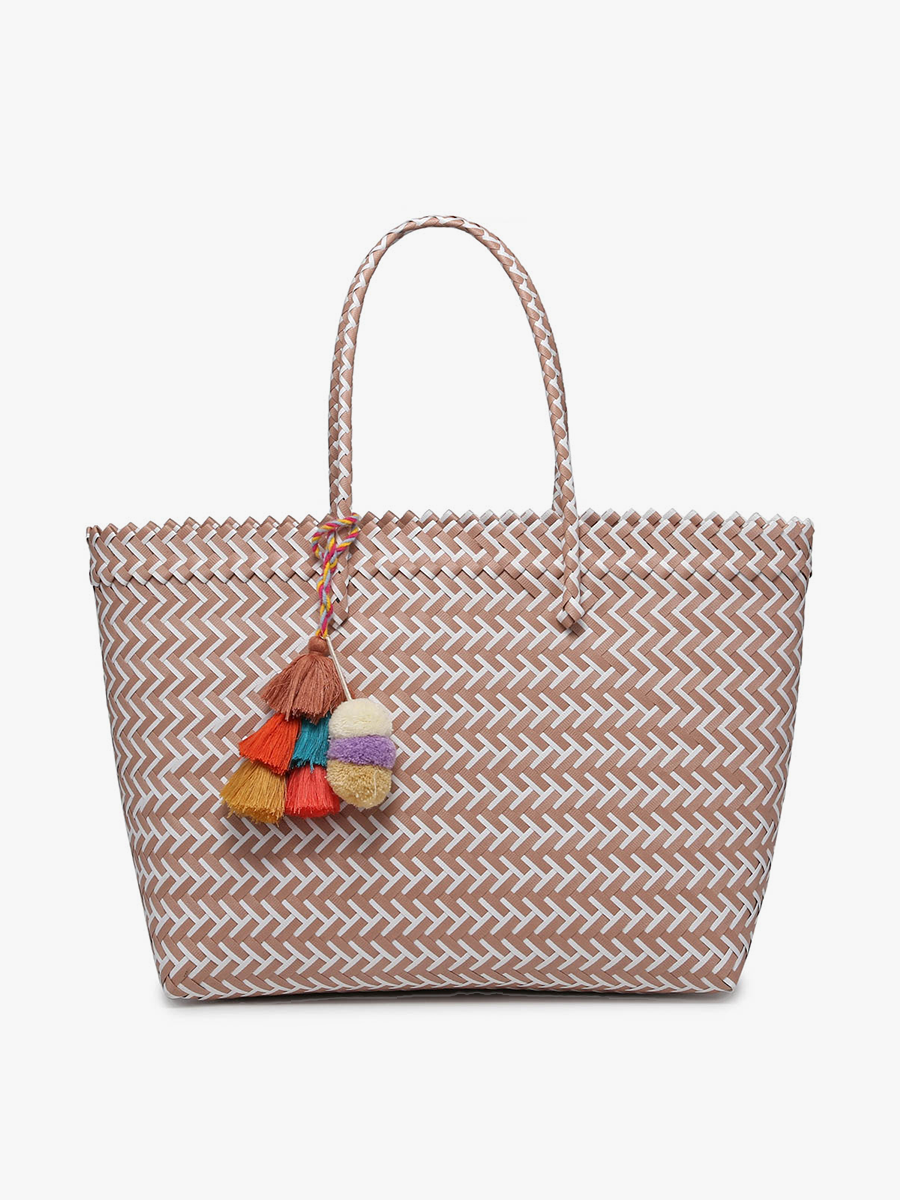 Shelby Large Handwoven Tote w/ Pom-Poms: Dark Pink/White