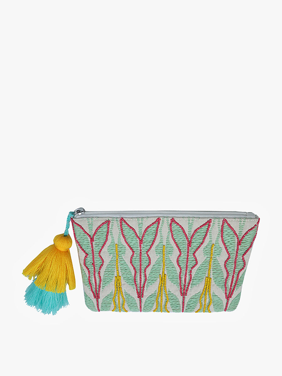 Faith Printed Cotton Pouch w/ Fringe: Sage/Pink
