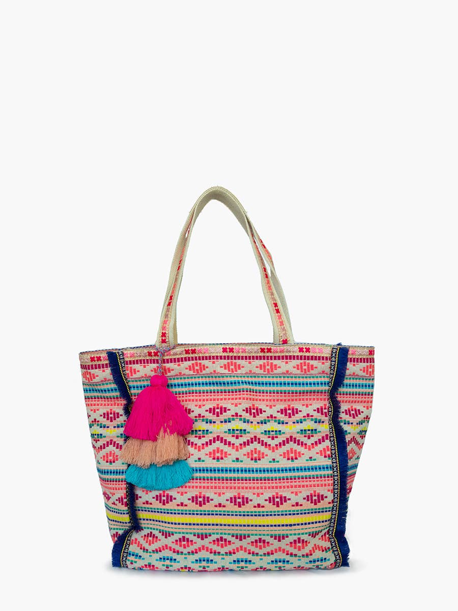 Marguerite Aztec Print Cotton Tote w/ Triple Tassels: Multi