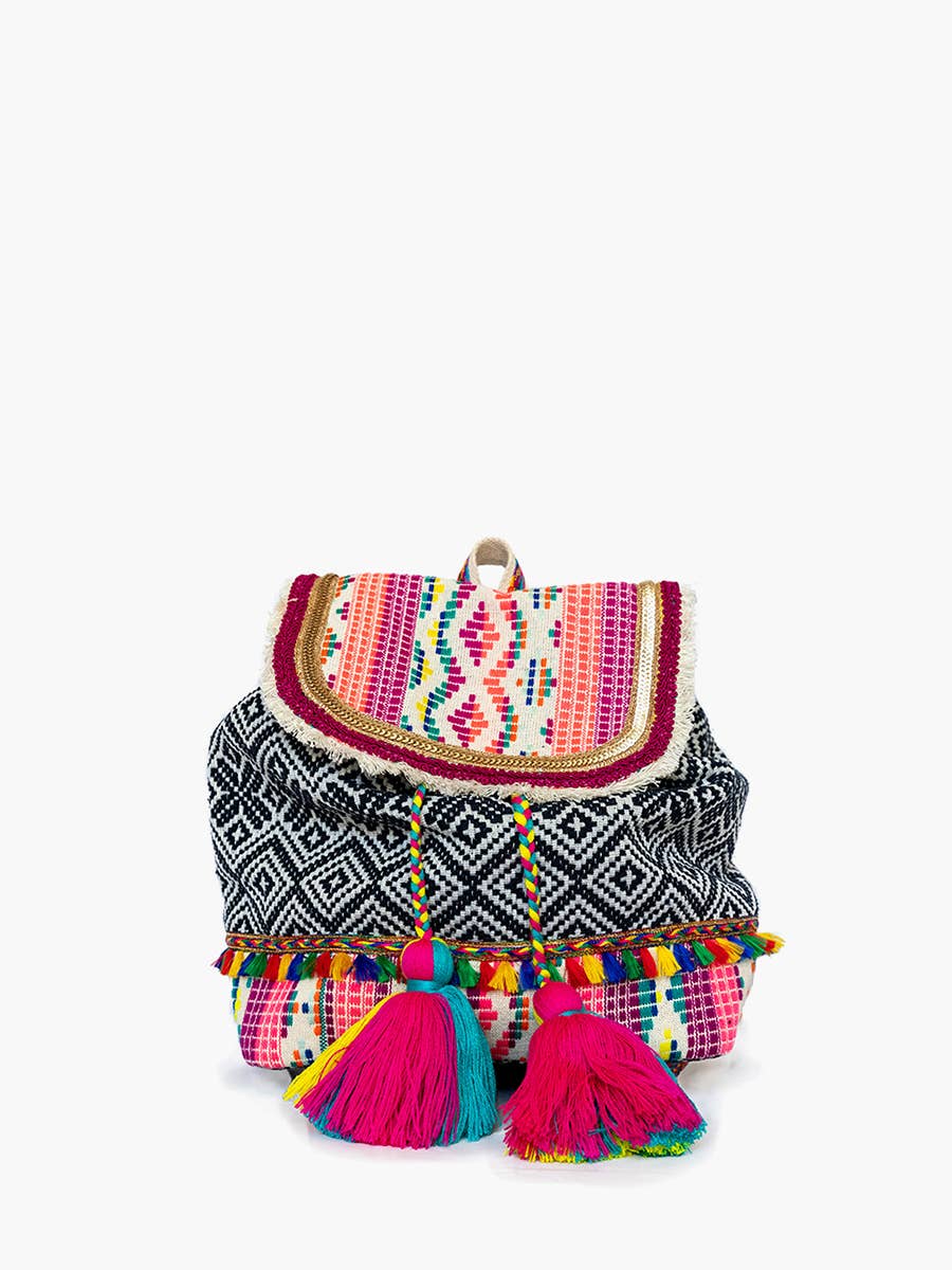 Magdelena Aztec Cotton Backpack w/ Tassels: Multi