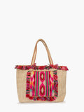 Wrenley Square Design Cotton Tote w/ Fringe: Fuchsia