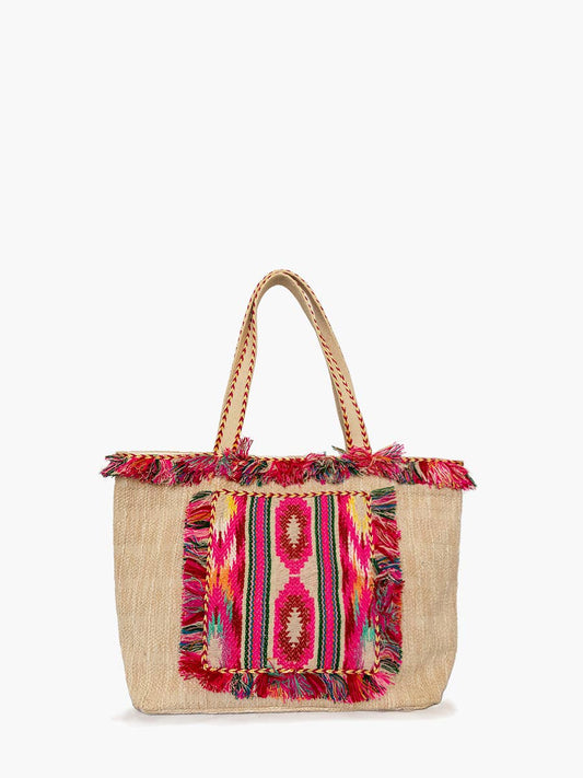 Wrenley Square Design Cotton Tote w/ Fringe: Fuchsia