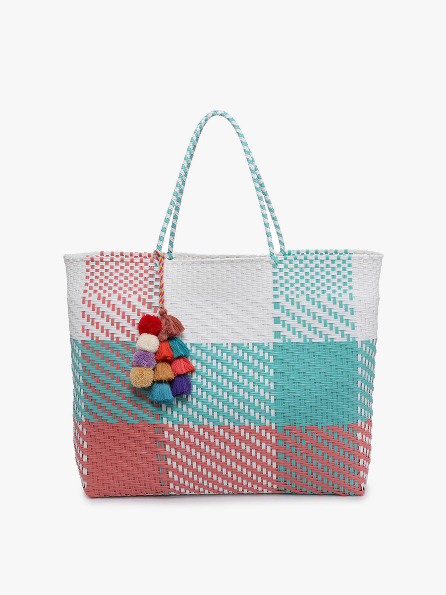 Allie XL Woven Tote w/ Pom-Poms: Plaid-Turquoise/Pink