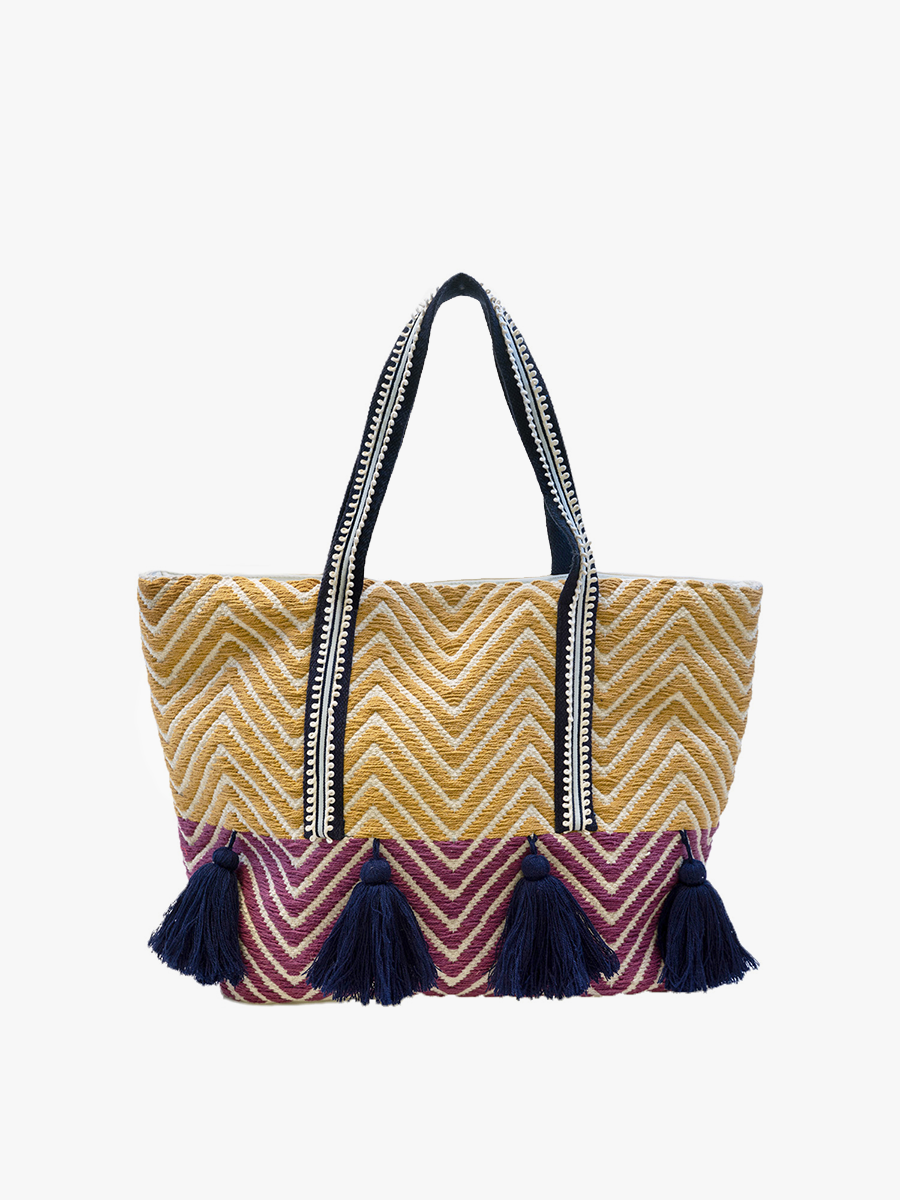 Tyra Chevron Cotton Tote w/ Tassels: Mustard/Purple