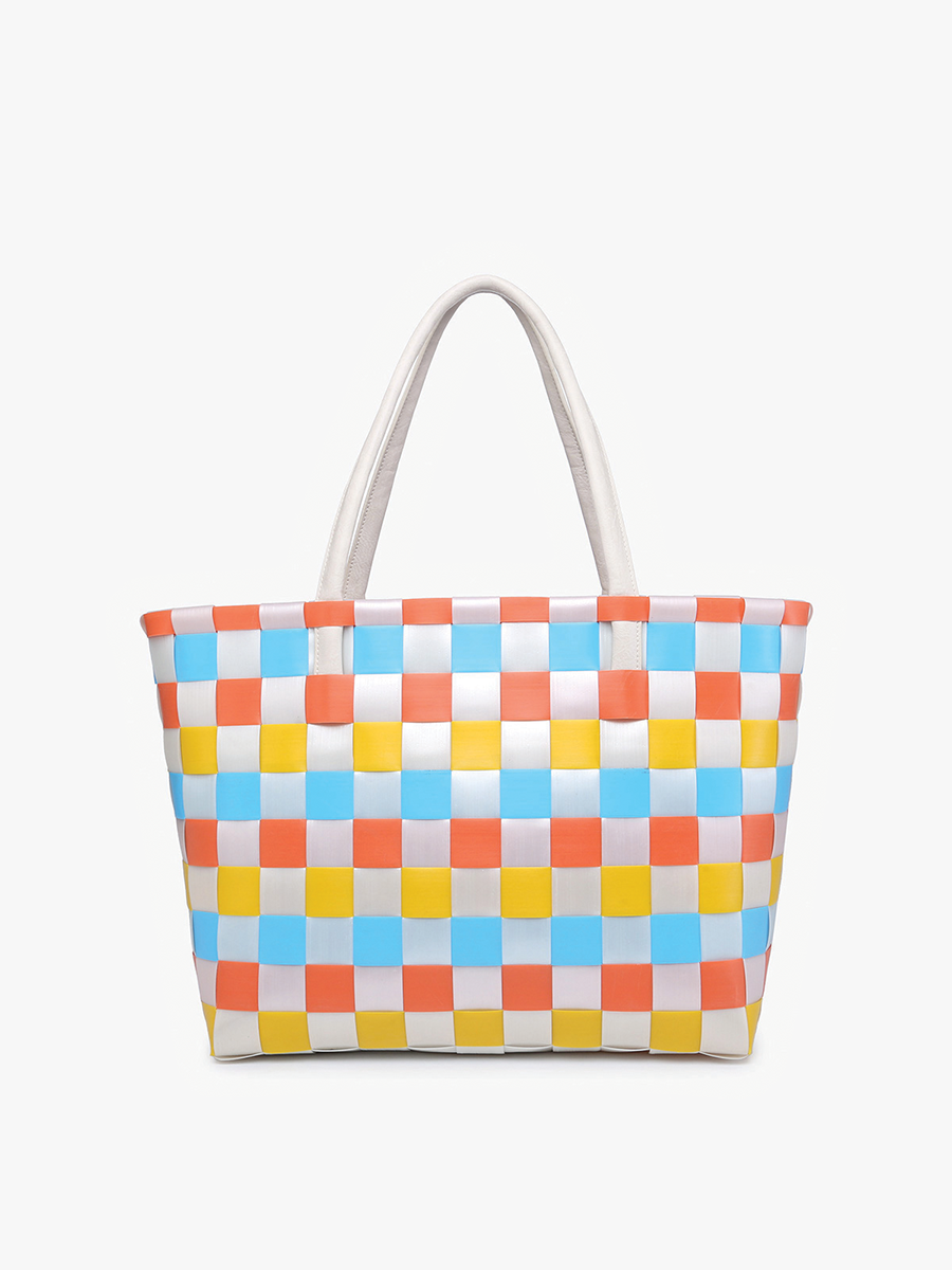 Abigail Basketweave Tote w/Vegan Leather Straps: Blue/Orng/Yllw