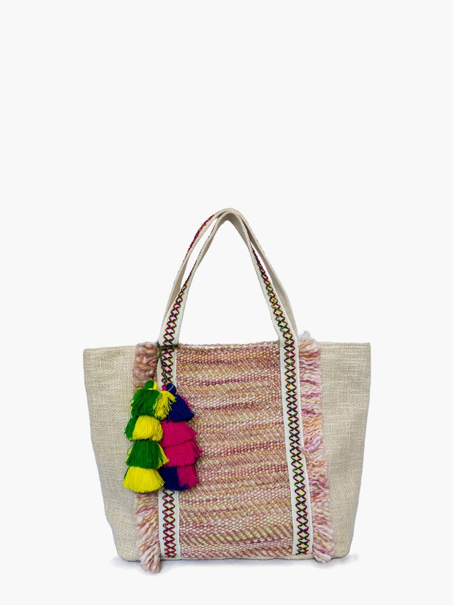 Love Fringed Cotton Tote w/ Multicolored Tassels: Beige/Pink