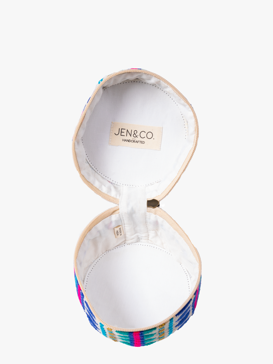 Ansley Round Cotton Pouch/Cosmetic Bag: Navy/Pink