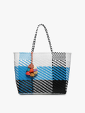 Shelby Large Handwoven Tote w/ Pom-Poms: Plaid-Blue/White