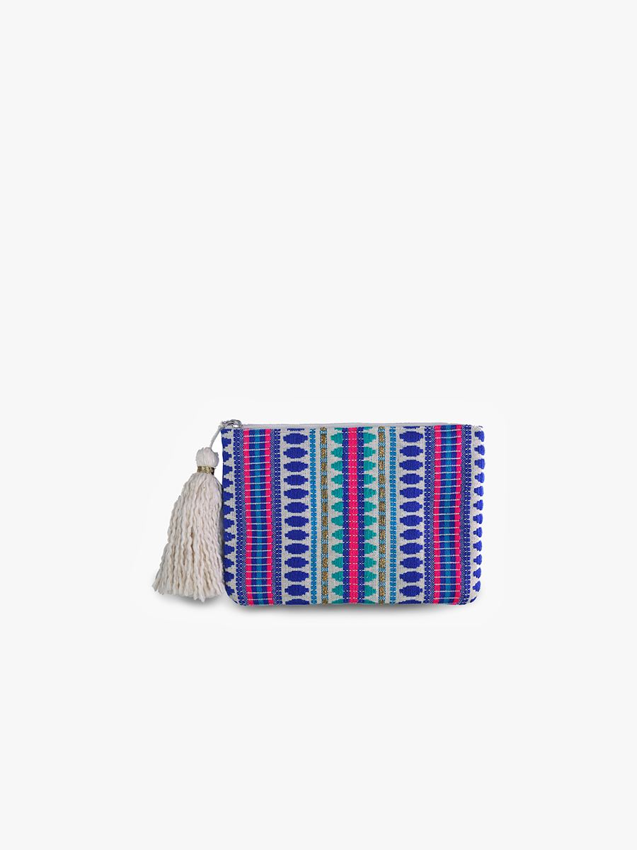 Faith Printed Cotton Pouch w/ Fringe: Blue-Multi