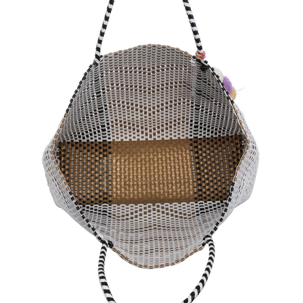 Shelby Large Handwoven Tote w/ Pom-Poms: Dark Pink/White