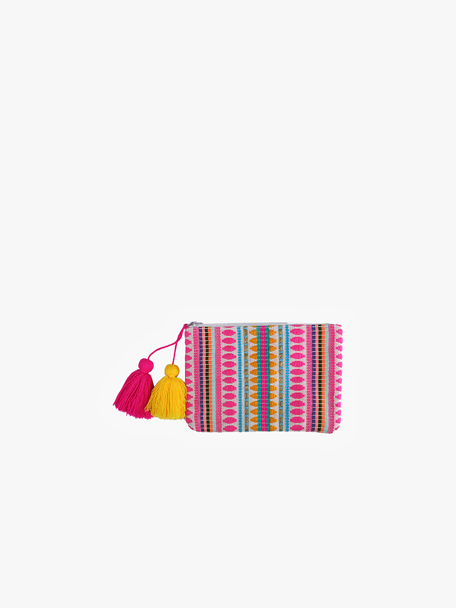 Faith Printed Cotton Pouch w/ Fringe: Pink-Multi
