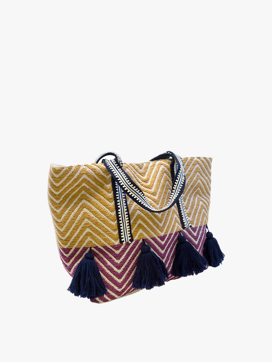 Tyra Chevron Cotton Tote w/ Tassels: Mustard/Purple