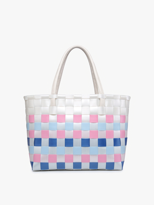 Abigail Basketweave Tote: Blue/Pink