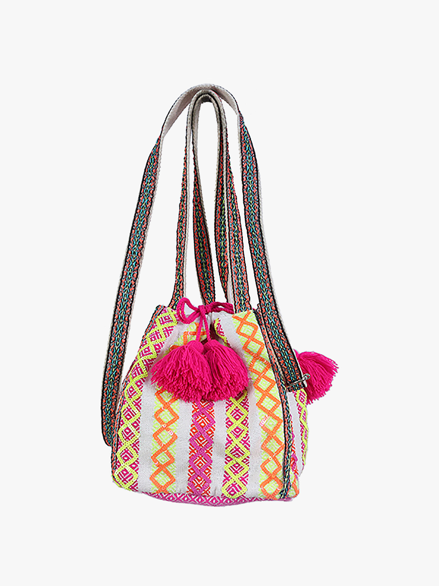 Imogene Striped Cotton Bucket Bag w/ Tassels: Neon Pink