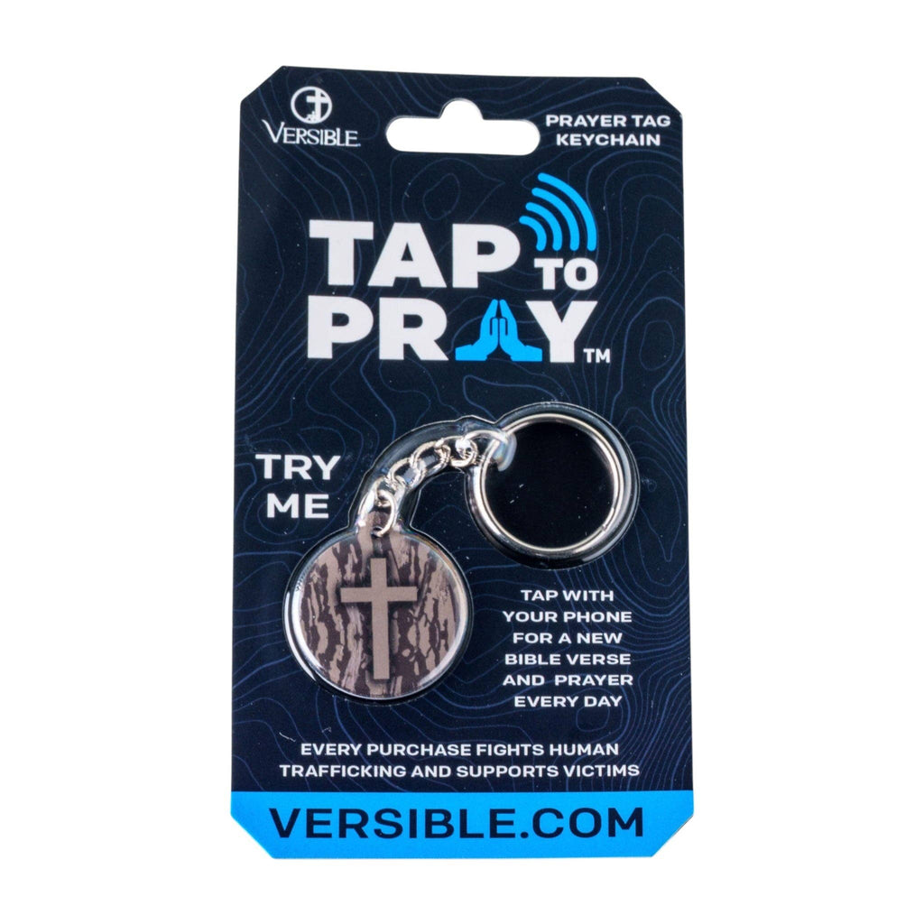 Tap To Pray® Acrylic Keychain: Tree Bark Camo + Cross