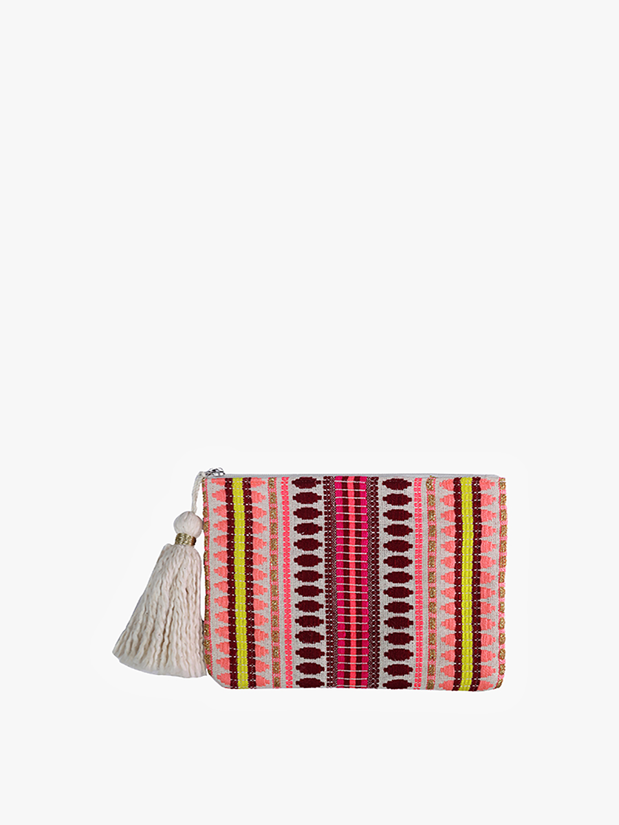 Faith Printed Cotton Pouch w/ Fringe: Pink/Yellow