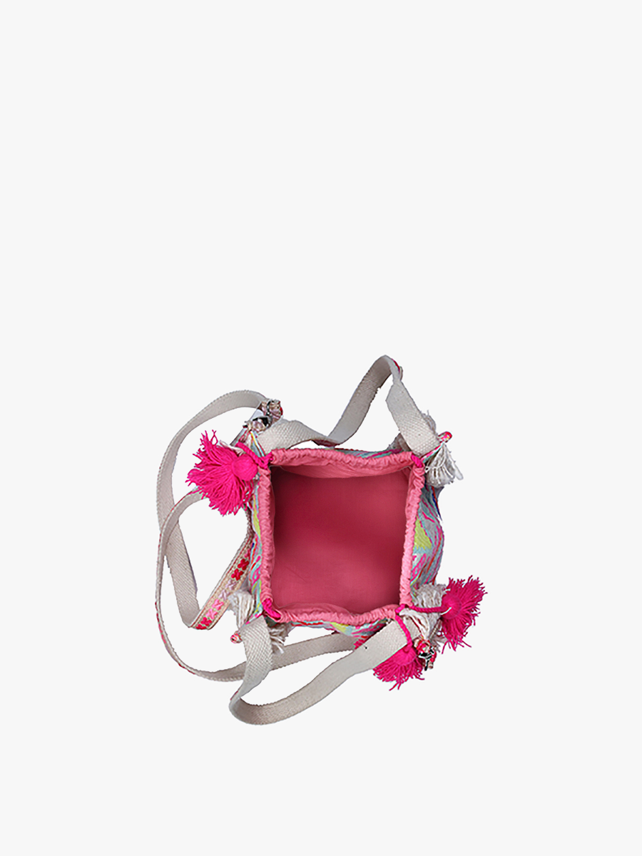Imogene Striped Cotton Bucket Bag w/ Tassels: Pink/Yellow