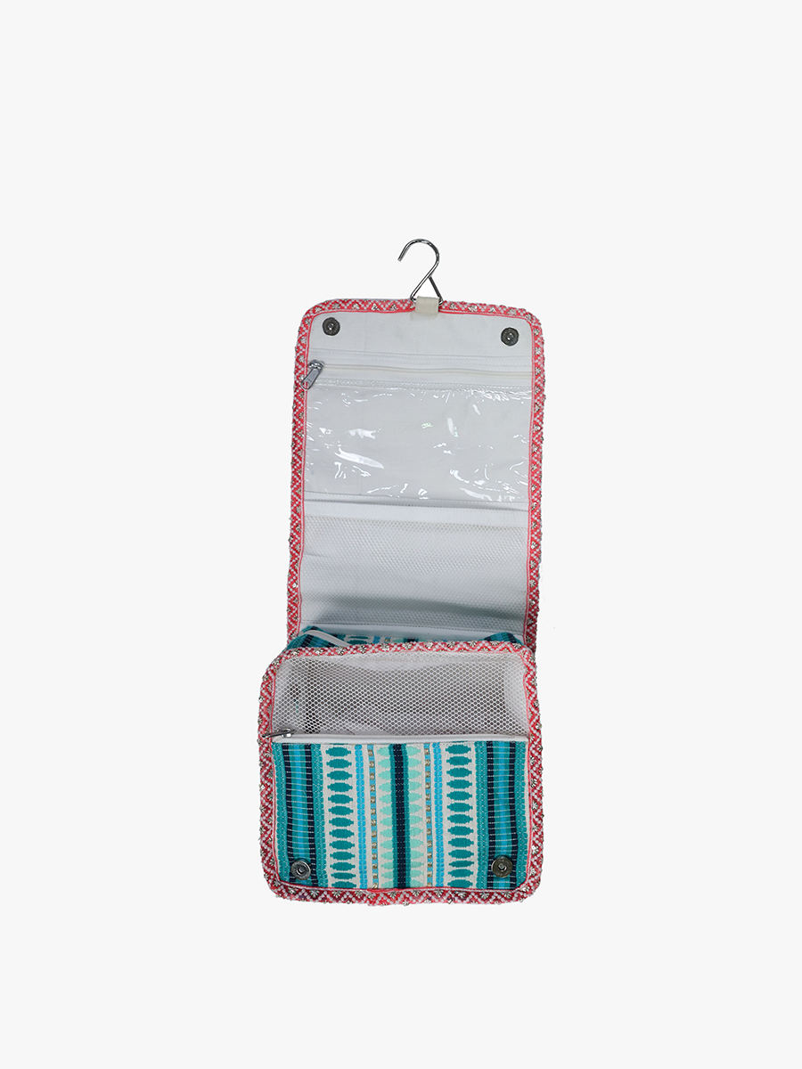 Mary Grace Striped Cotton Toiletry/Cosmetic Kit: Teal/Pink