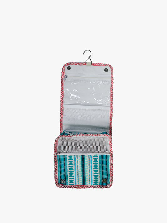 Mary Grace Striped Cotton Toiletry/Cosmetic Kit: Teal/Pink