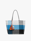 Sylvia Med Handwoven Tote w/ Pom-Poms: Plaid-Blue/White