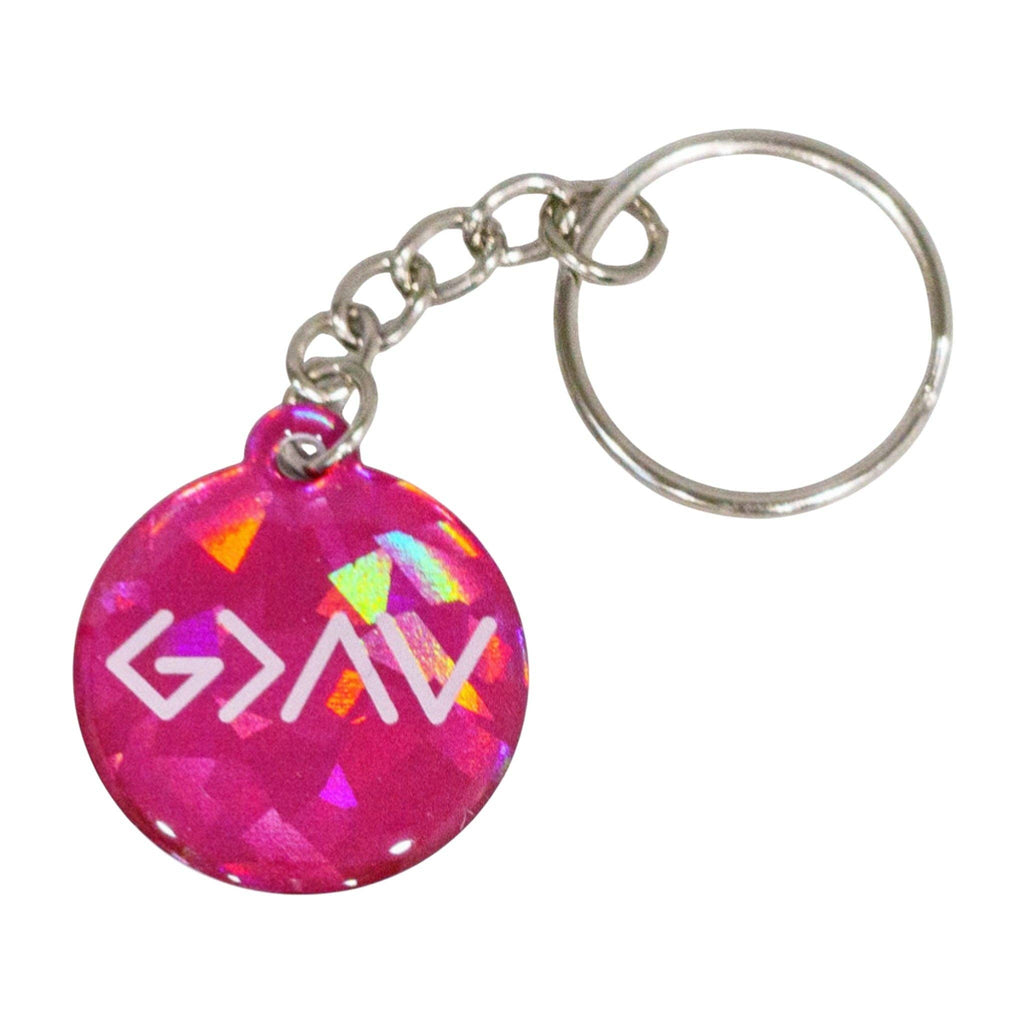 Tap To Pray® Acrylic Keychain: Pink Crystal + God Is Greater